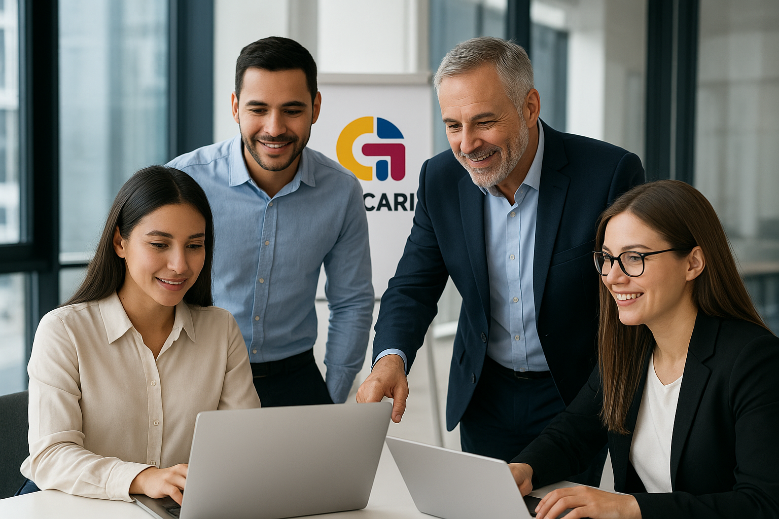 Equipo GECARI en oficina moderna colaborando en proyectos tecnológicos